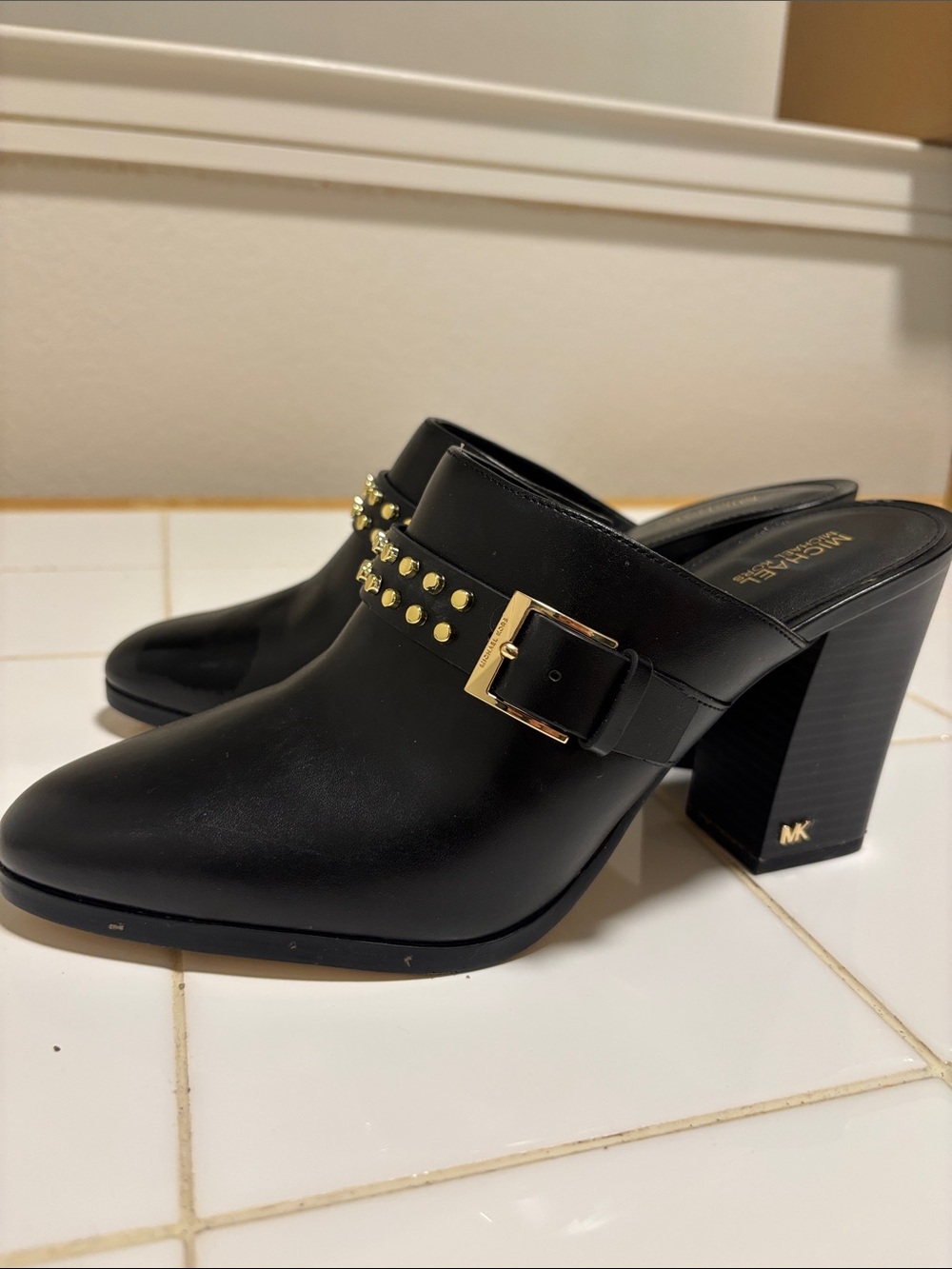 Michael Kors Black Leather Studded Buckle Mule Heels